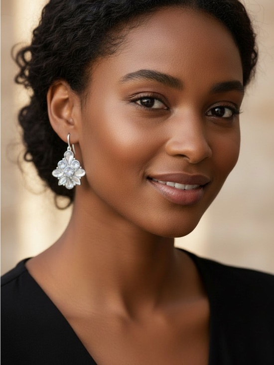 None Jewelry - Floral crystal silver tone earrings French wire 1x1 inch appx dangle rhinestones